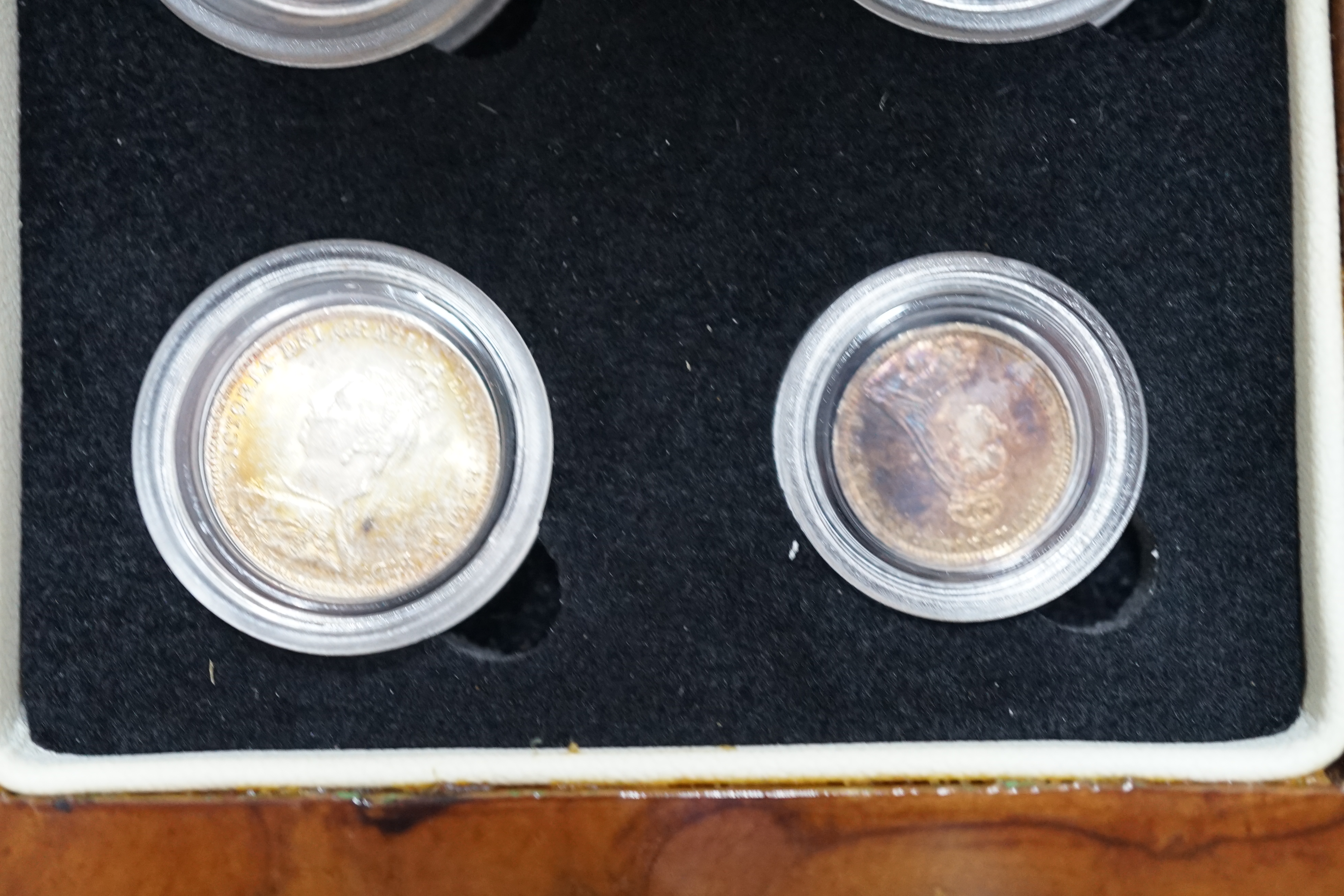 British silver coins, Victoria Jubilee portrait four coin set of Maundy coins 1892, toned UNC, in London mint case